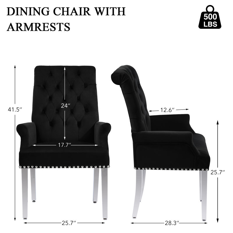 Upholstered Tufted Arm Dining Chairs, Velvet Black