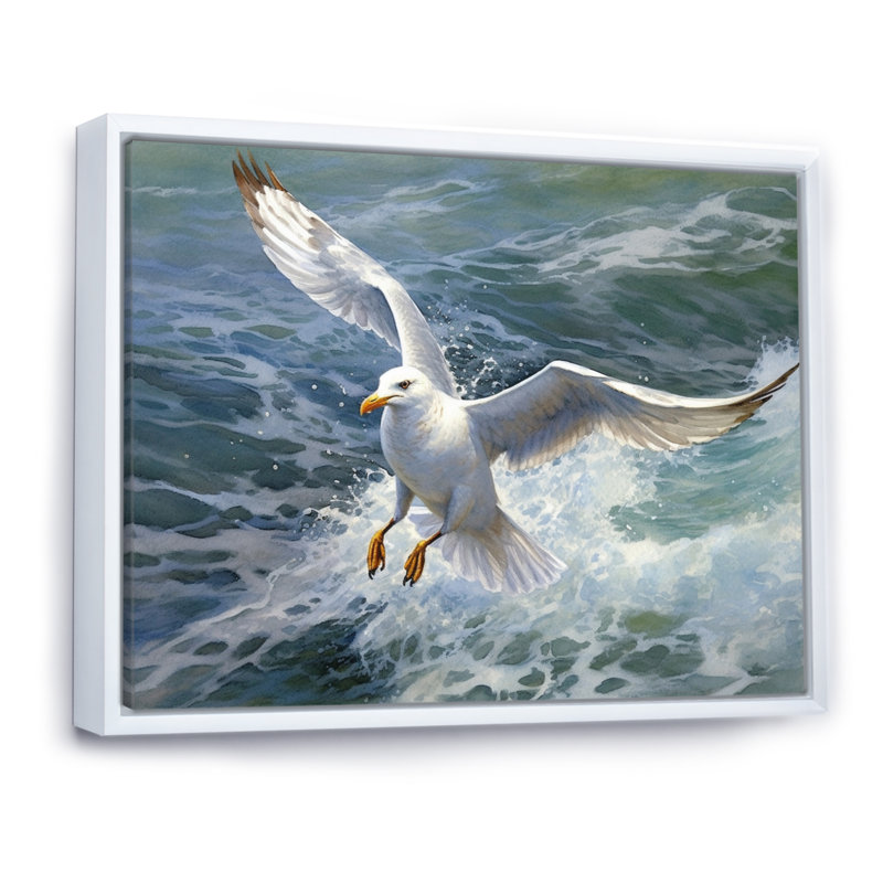 «Watchful Seagull IV», art mural sur toile, Cadre flottant blanc, H 24 po x l 32 po x P 1 po