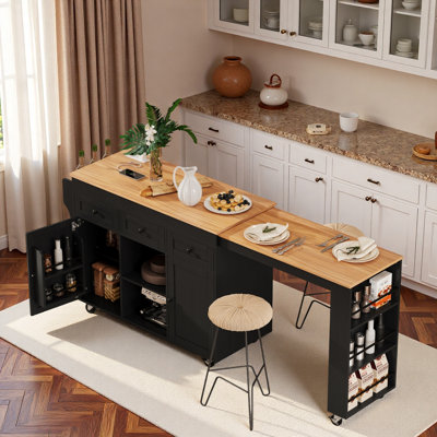 Rolling Kitchen Island With Extendable Dining Table, Charging Station, Three-tier Open Side Storage Rack, 3 Drawers And 2 Storage Cabinets
