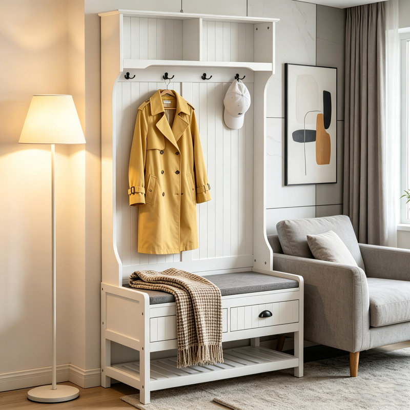 Multifunctional Design Entryway Hall Tree with Coat Rack, Storage Bench, and Hooks, Ideal for Organized Living.