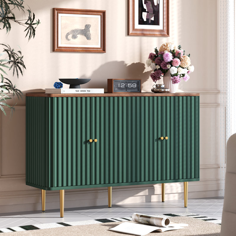 48'' Sideboard Buffet Cabinet, 4-Door Fluted Water Ripple Door Storage Credenza with Adjustable Shelves & Gold Legs, Modern Accent Console Cabinet for Entryway, Dining Room, Living Room