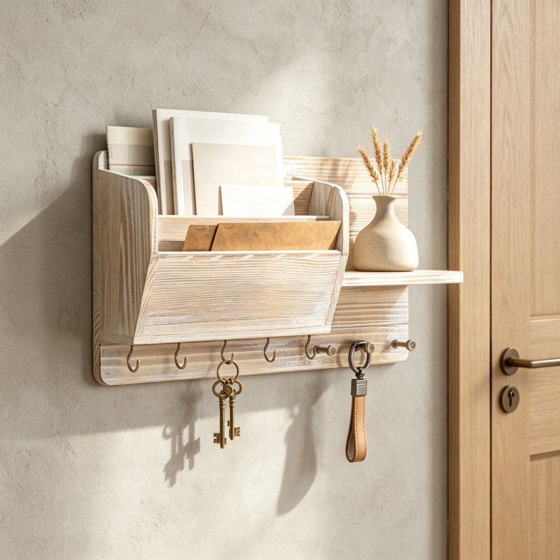 Wood Key Holder Wall Mount with Mail Organizer and Shelf for Entryway Decor, Rustic Wall Mounted Key Rack for Keys, Mail, and Small Essentials