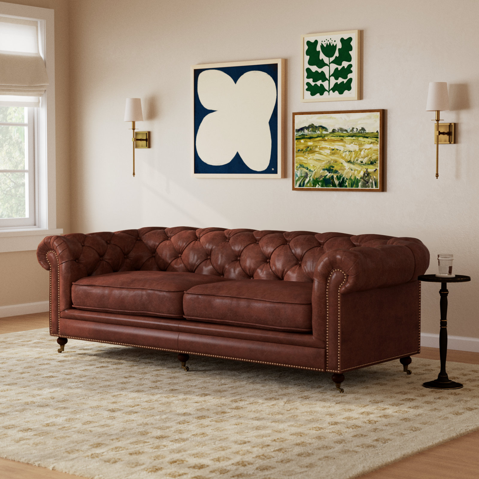 Idalia 87" Genuine Leather Sofa, Brown Genuine Leather