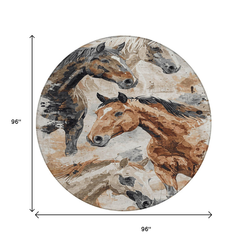 Tapis d'intérieur rond lavable à cheval brun 8 pi