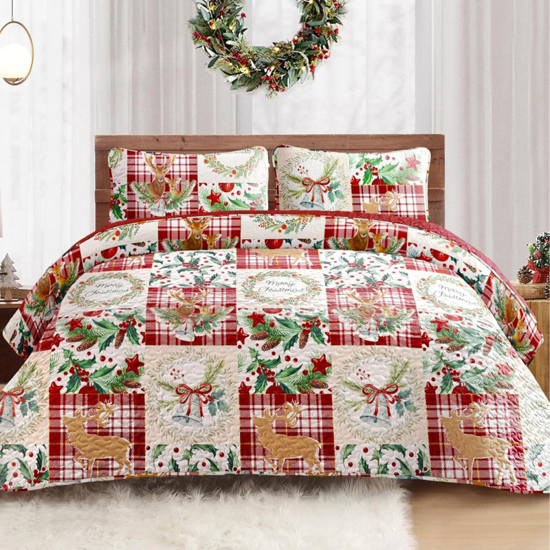 Ensemble de literie de courtepointe réversible pour lit de grande taille, couvre-lit léger et patchwork d'hiver avec motif de couronnes de renne imprimé (1 courtepointe, 2 taies décoratives)