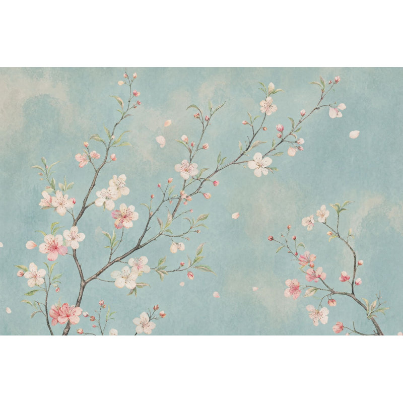 Papier peint aquarelle bleu pâle avec des motifs de branches de cerisier en fleurs, 140 po x 108 po, Non tissé