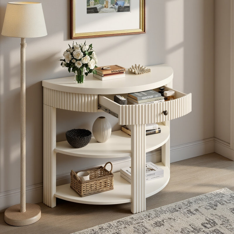 Console demi-lune cannelée TREXM avec tiroir et 2 tablettes, table d'appoint pour entrée ou couloir, crème