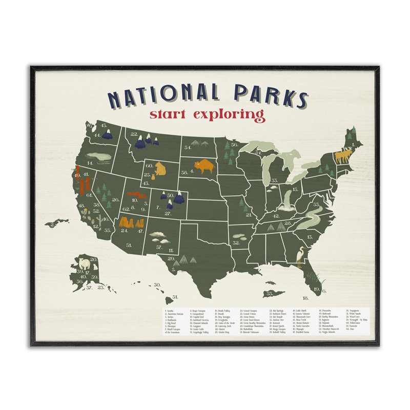 Carte des parcs nationaux avec clé numérique numérotée surdimensionnée des États-Unis, estampe numérique sur toile de Daphne Polselli