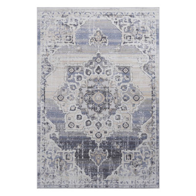 Cream/Blue/Inlaid Non Linting Stain Resistant Area Rugs