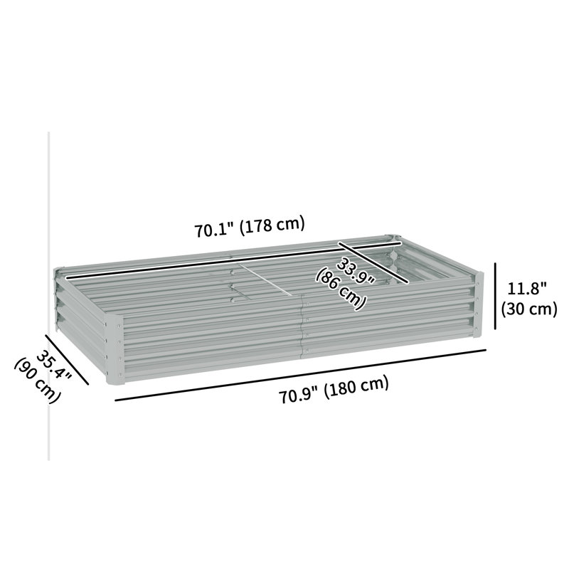 Lit de jardin surélevé galvanisé de 1 pi, fond ouvert, argent, H 11,8 po x l 70,9 po x P 35,4 po