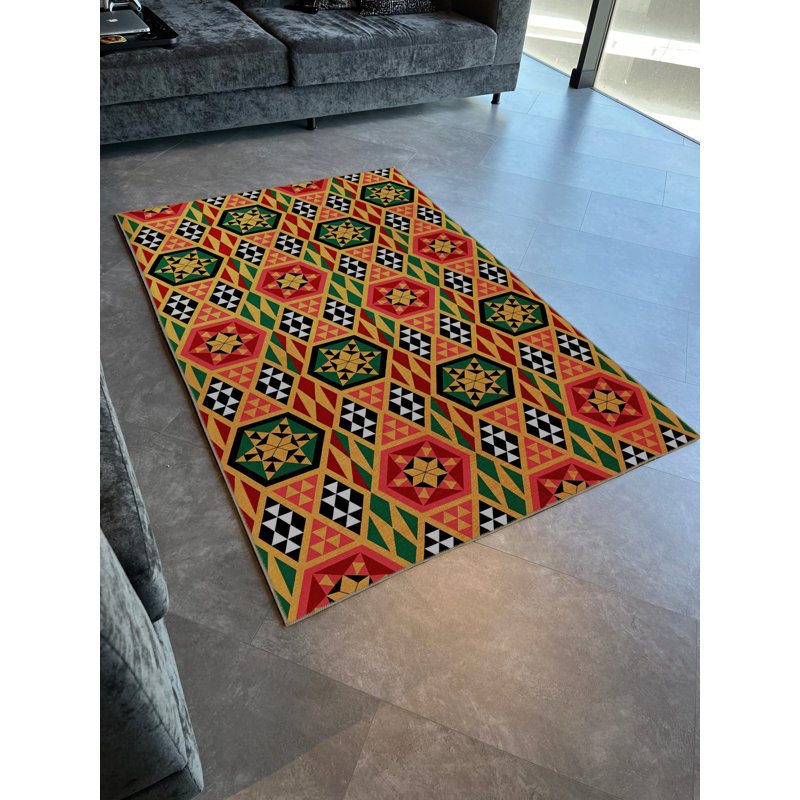 Tapis décoratif vert et jaune à motif géométrique triangulaire, Runner 3'3.37" x 6'6.74"