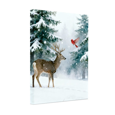 Cerf de Noël dans la forêt enneigée avec oiseau rouge, ensemble de 3 impressions sur toile