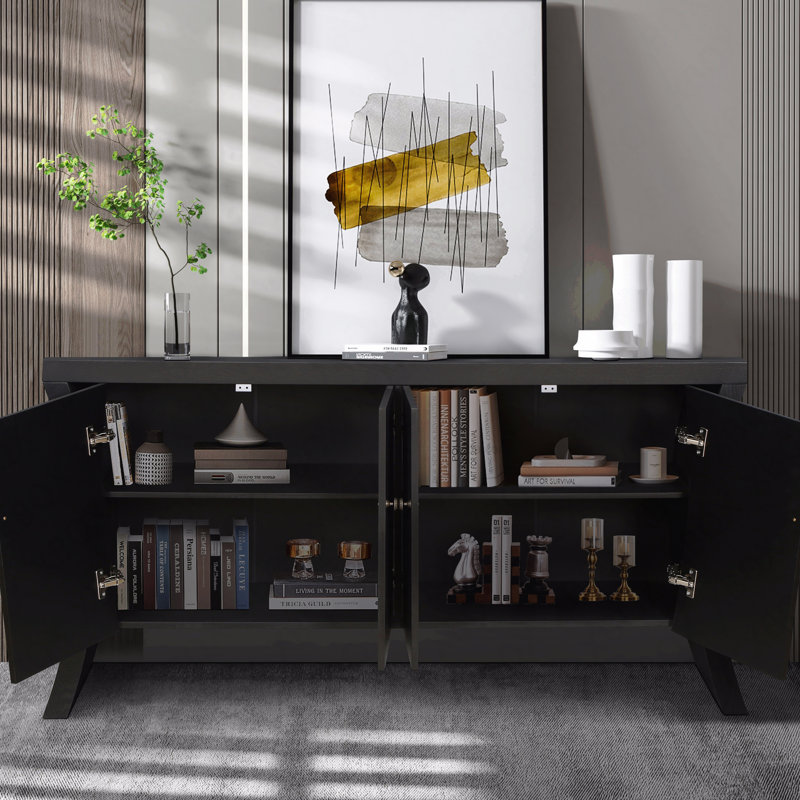 Industrial Wood Credenza Storage Cabinet, 4 Door With Wooden Arc Legs And Bronze Clasps, Advanced Solid Craftsmanship In Black