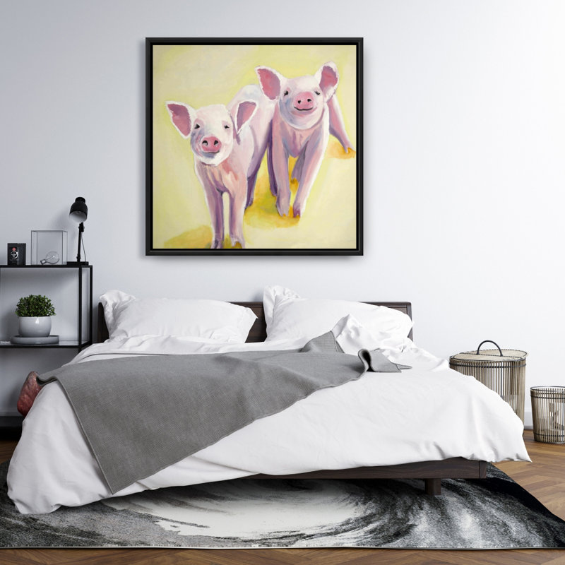 Two Smiling Pigs - Farm Animals Yellow Framed Canvas Decor