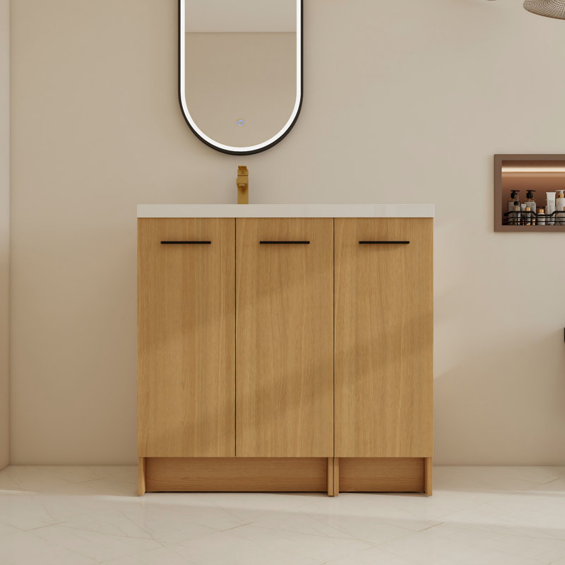 Ensemble de meuble-lavabo simple sur pied 36 po avec lavabo supérieur en résine gauche, meuble-lavabo sur pied avec porte à fermeture en douceur et tablettes