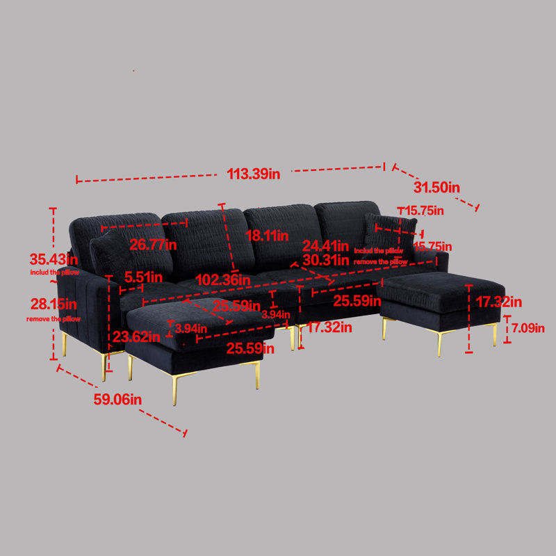 Pashion Velvet U-Shaped Sectional Reversible, Black Velvet