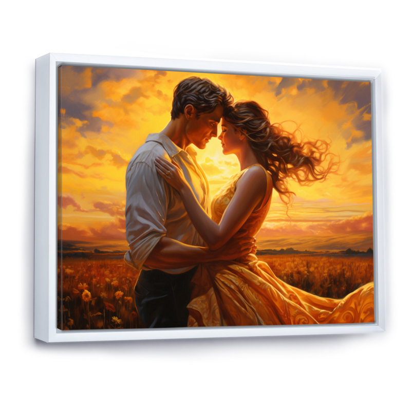 Kayzlyn, Couple romantique, paysage, Étreinte lumineuse II, H 34 po x l 44 po x P 1,5 po, Cadre flottant blanc