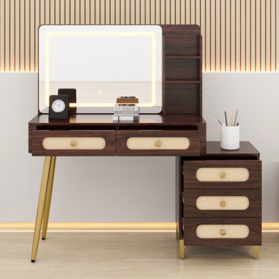 Coiffeuse rétro avec miroir lumineux, tiroirs et tablette de rangement en rotin