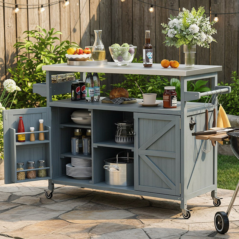 Îlot de cuisine extérieur avec plateau en acier inoxydable et 2 armoires de rangement, Vert