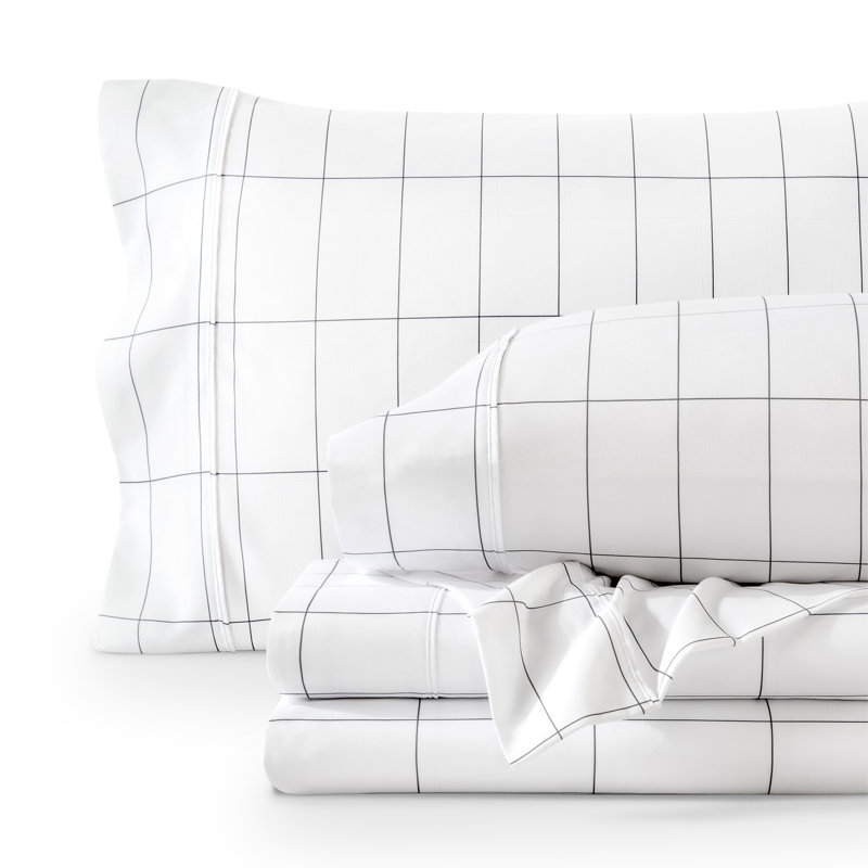 Sheet Set - Ultra-Soft Microfiber Bed Sheets - Double Brushed - Deep Pockets - Easy Fit, Grid - White/Grey