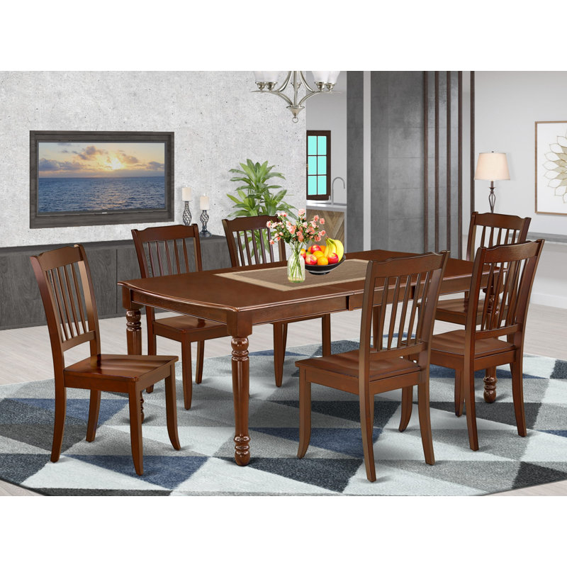 Ensemble de table et chaises de salle à manger 7 pièces comprenant une table de salle à manger rectangulaire avec rallonge papillon et 6 chaises en bois massif, acajou