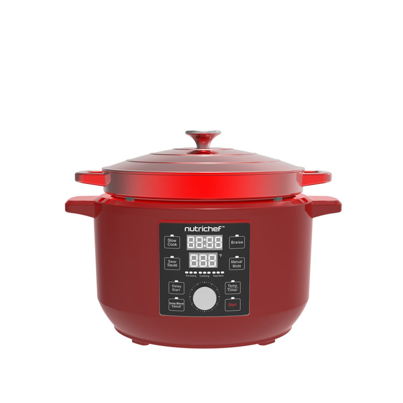 Cocotte électrique 6 pintes | Pot en fonte 1500W 5-en-1 1500W avec couvercle en acier inoxydable | Contrôle précis de la température | Comprend 2 poignées en silicone et un coussin résistant à la chaleur