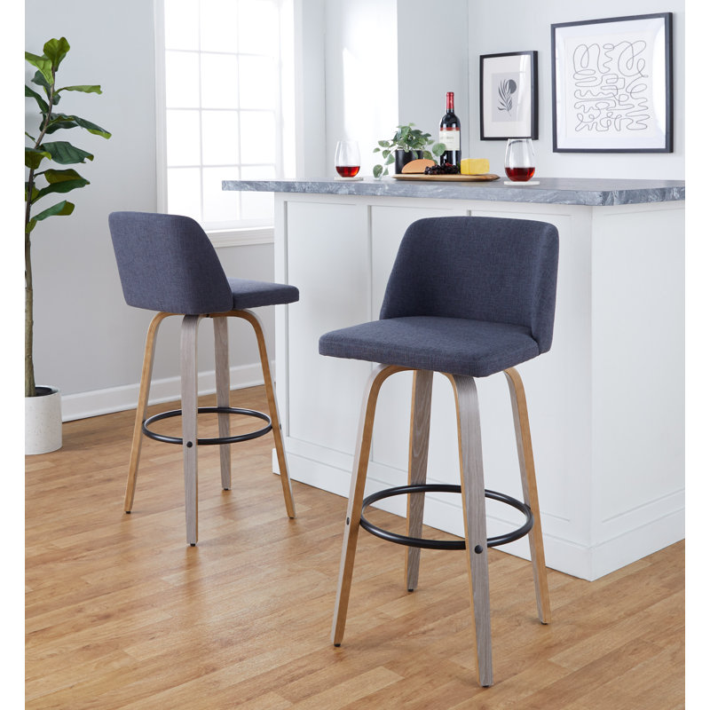 Thea 30" Fixed-Height Bar Stools with Bent Wood Legs & Round Footrest, Light Gray/Black, Blue Polyester Blend
