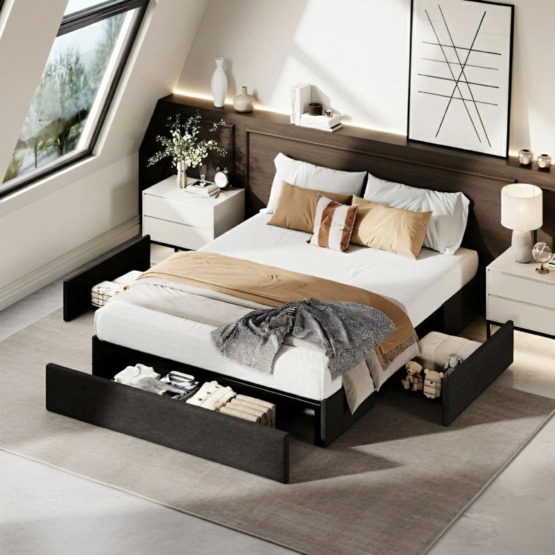 Structure de lit plateforme grand format avec 3 tiroirs de rangement, structure de lit tapissier en tissu, têtes de lit personnalisables, aucun sommier tapissier, silencieux, assemblage facile, gris foncé