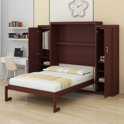 Lit escamotable avec deux garde-robe, armoire murale avec tablette de rangement, cadre de lit plateforme pliable multifonctionnel