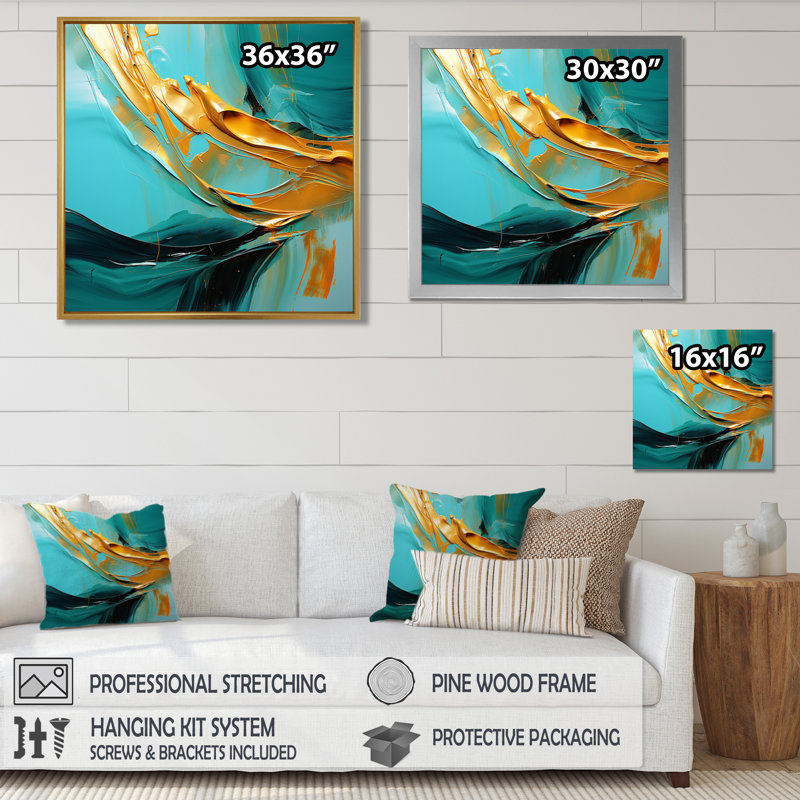 «Quiet Waves Gold on Turquoise - Abstract Modern Waves Wall Art Living Room, Toile avec cadre flottant or