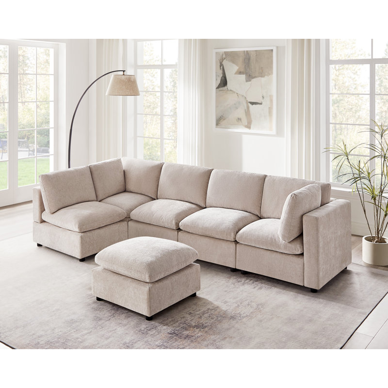 6-Piece Upholstered Symmetrical Sectional, Modular Sofa, Natural Polyester