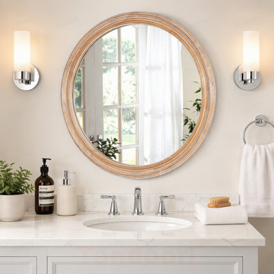 Miroir rond rond avec cadre en bois avec détails côtelés, miroir circulaire en bois naturel de 23,62 po pour la salle de bain, la chambre à coucher, le vestibule, le bord de mer et le style maison de campagne