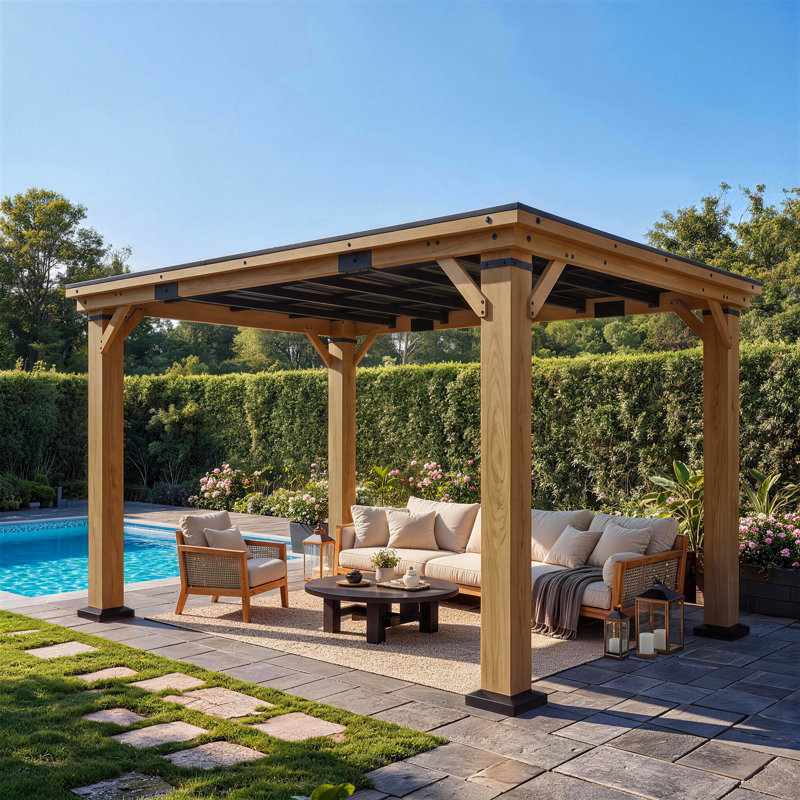 Gazebo de jardin robuste en bois de cèdre de 3,65 m x 3 m avec toit en acier galvanisé, idéal pour terrasse, jardin et piscine.