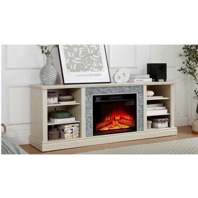 Grand support de rangement pour bureau de télévision avec bordure en faux pierre, console média avec grand meuble de rangement, meuble télé moderne avec foyer de 23 po, gris, l 70,12 po x P 15,35 po x H 25,83 po