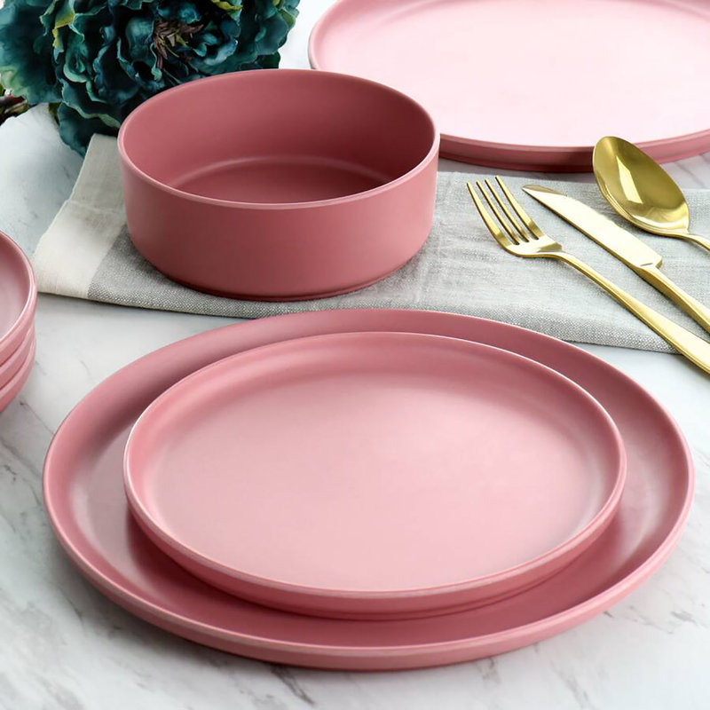 Service de table rond en mélamine 12 pièces, assiettes et bols incassables, vaisselle légère et durable, service pour quatre