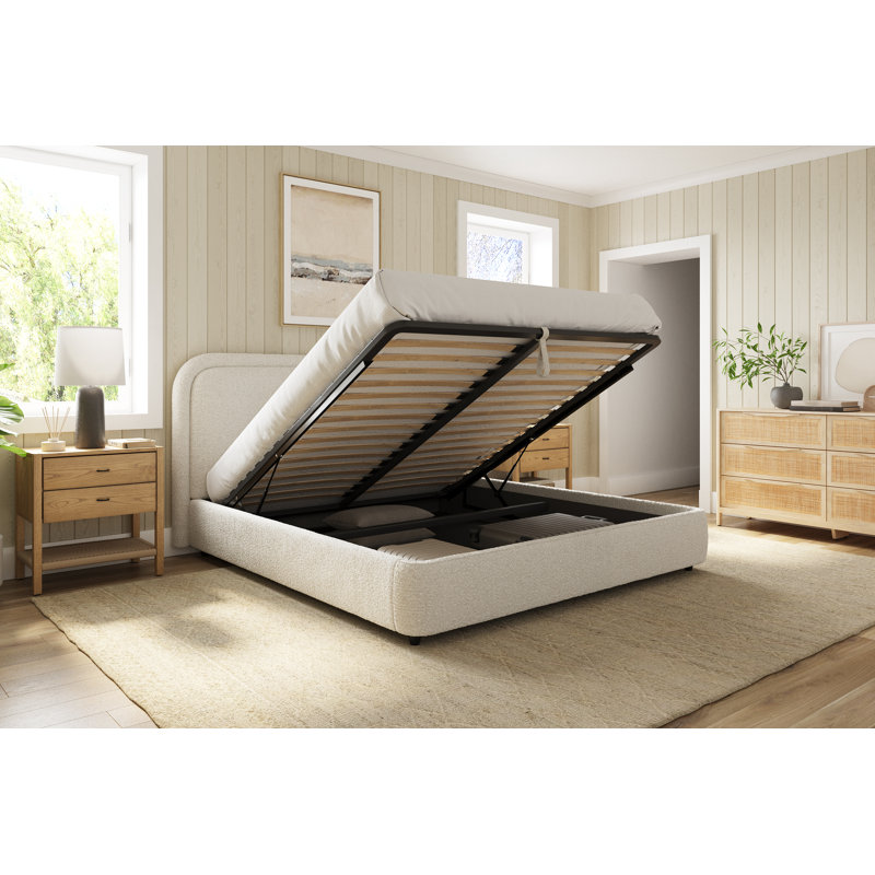 Modern Upholstered Lift-Up Storage Bed with Curved Headboard, Low Profile Platform, Queen, Boucle