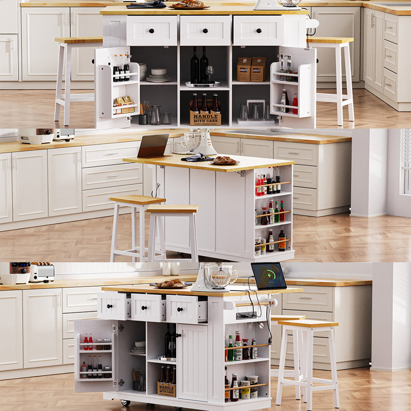 53inch Large Kitchen Island with 2 Bar Stools, Power Outlet, White
