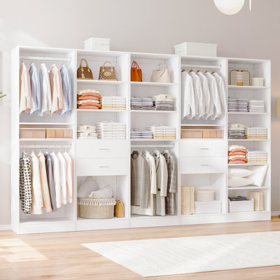 Ensemble de 5 pièces: système de rangement pour garde-robe de 124 po avec 4 tiroirs en bois, tringle de suspension et tablettes réglables