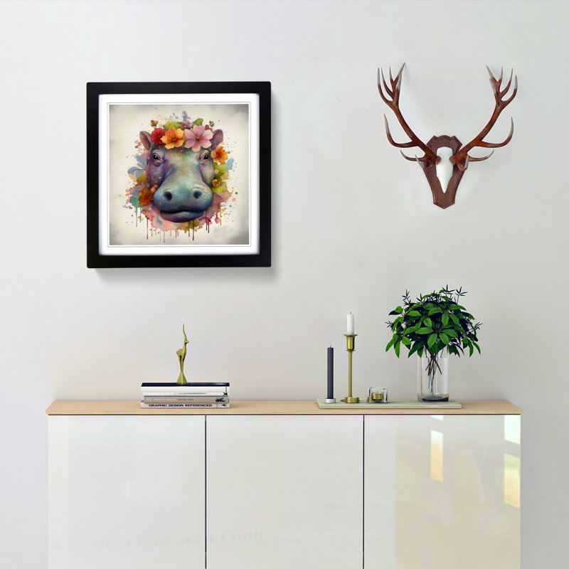 Hippo Floral Art - Framed Print, Black