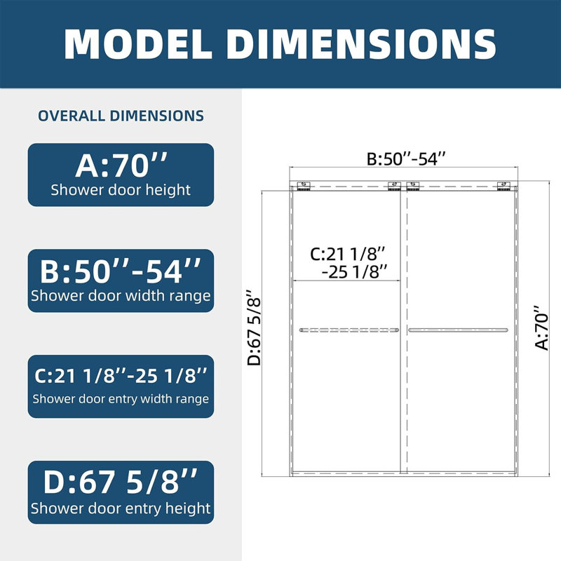 50-54" W x 70" H Framed Shower Door Double Sliding Door with 1/4" (6mm) Clear Tempered Glass, 2 Towel Bars for Walk-in Bathroom, Matte Black Finish Shower Doors, Reversible Installation
