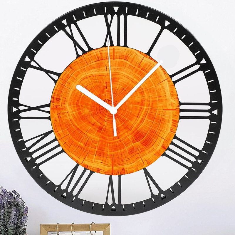 Horloge murale ronde en fer 10 po avec mouvement à quartz silencieux, chiffres romains, impression UV, Orange