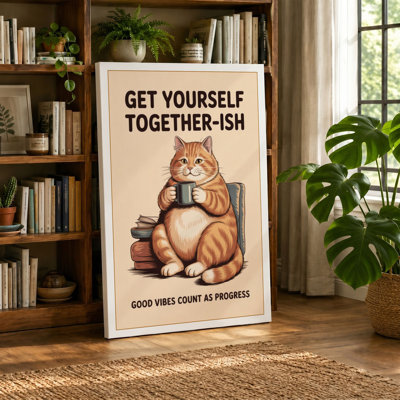 Cozy Cat with Tea Modern - Wrapped Canvas