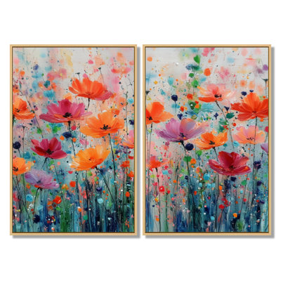 «Vibrant Meadows On Summer Daisies», art mural encadré marguerites, impression sur toile florale orange 2 pièces
