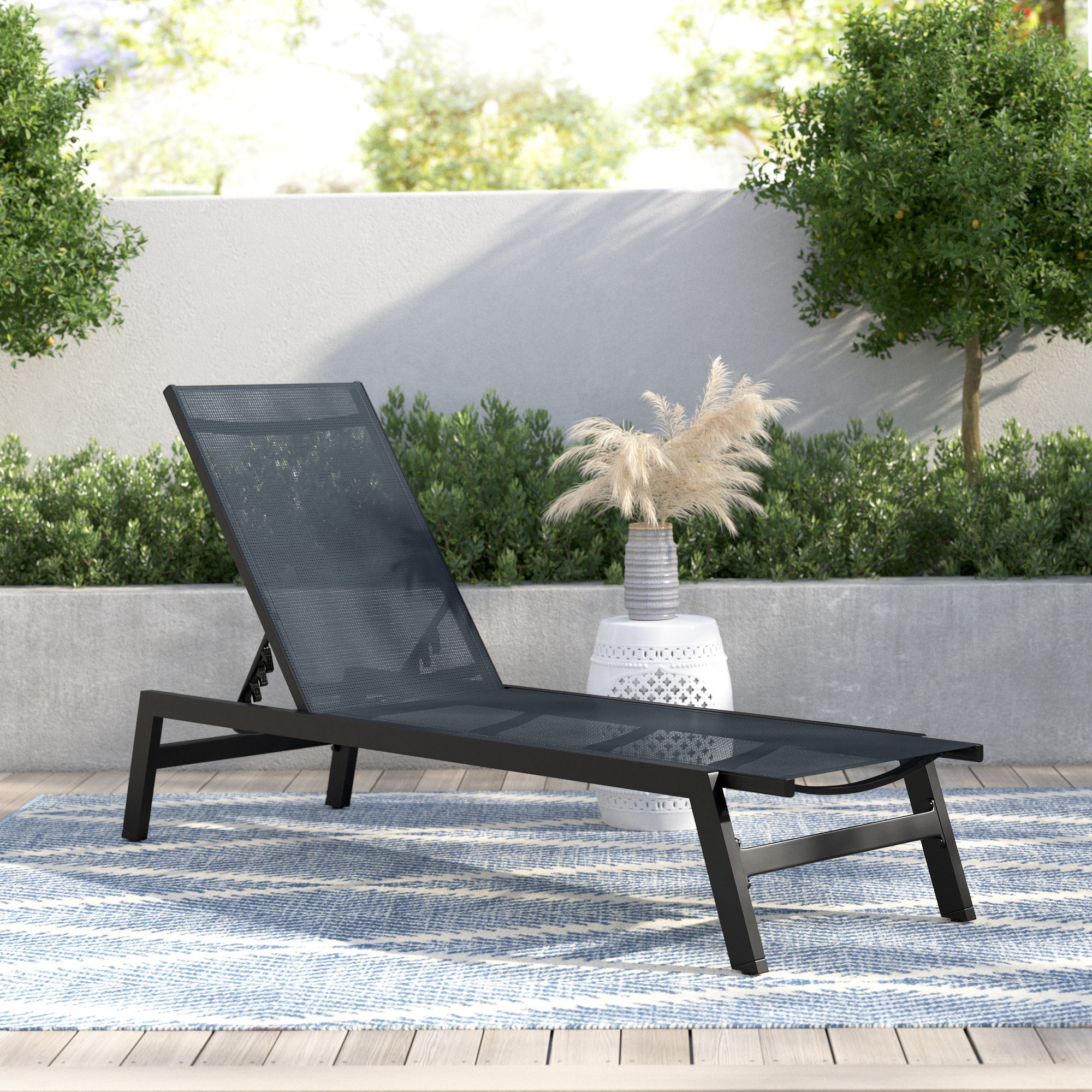 Yves 23.23" Outdoor Aluminum Chaise Lounge, Black