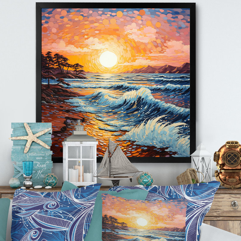 Beach Golden Sands Pointillism II, 16" H x 16" W, Silver Picture Framed