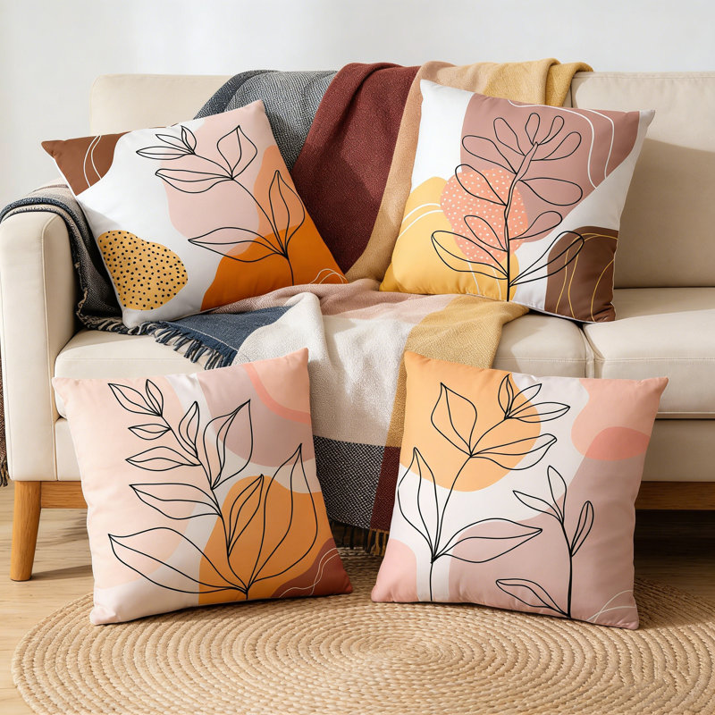 Ensemble de 4 housses de coussin à motif de feuilles abstraites à motif géométrique, taies d'oreiller minimalistes pour canapé, canapé, chambre à coucher, salon, jardin, patio, décoration