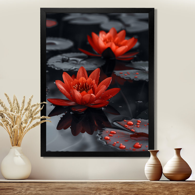 Romantique rouge Monocrhome Lotus Pond I - art mural Lotus, Cadre flottant brun, H 34 po x l 44 po