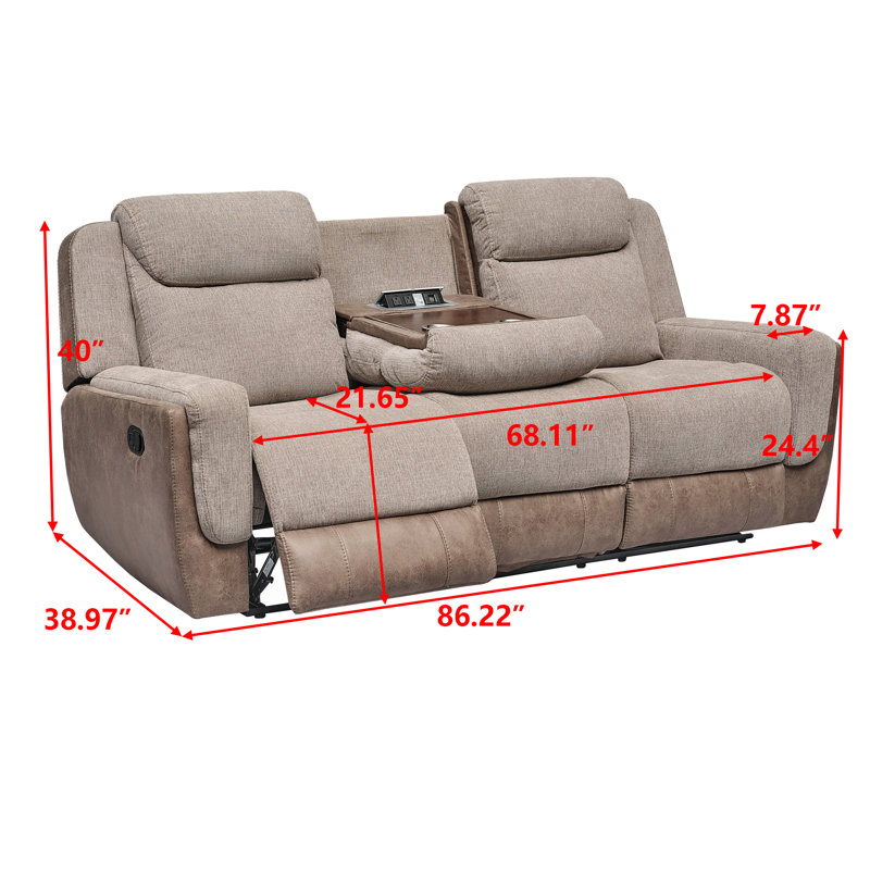 Ensemble de salon inclinable 3 pièces Yensy avec porte-gobelet, port USB et prise de courant, Brun
