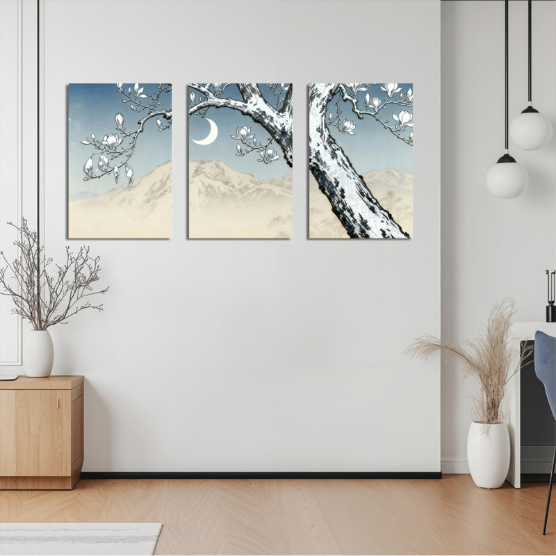 Ensemble de 3 toiles murales « Paysage de magnolia au clair de lune », H 18 po x l 36 po