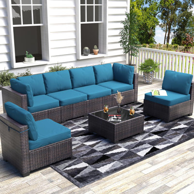 Ensemble de mobilier de patio modulaire 7 pièces, canapé modulaire en rotin PE en forme de U avec table en verre et coussins imperméables, ensemble de conversation en osier pour terrasse, jardin, jardin